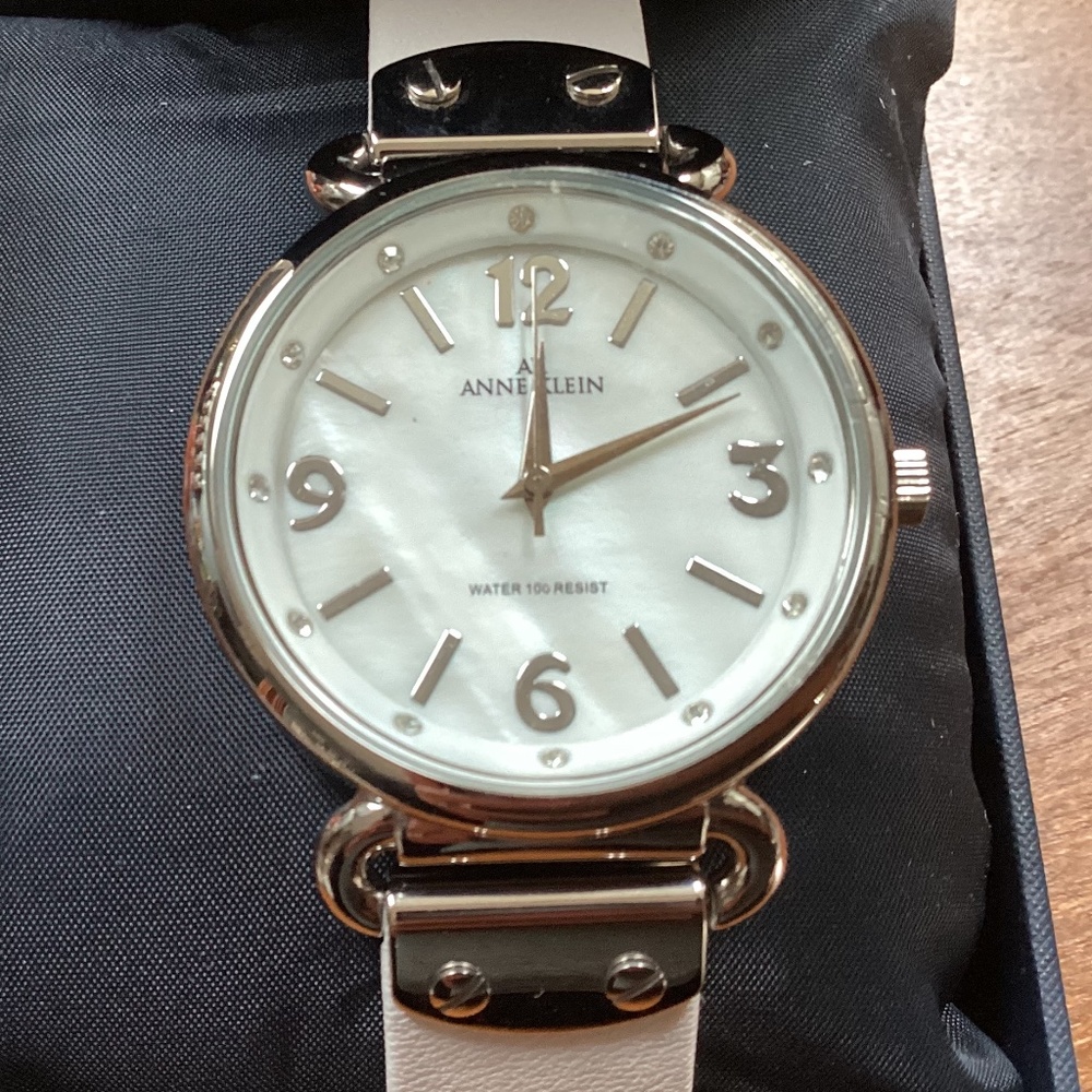 Anne Klein Silver-tone Women’s Watch with White Leather Band New in Box